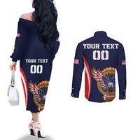 Custom USA Rugby Couples Matching Off The Shoulder Long Sleeve Dress and Long Sleeve Button Shirt American Eagle With USA Flags