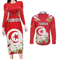 Personalized Tunisia Couples Matching Long Sleeve Bodycon Dress and Long Sleeve Button Shirt Jasmine Flower and Emblem - Wonder Print Shop