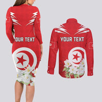 Personalized Tunisia Couples Matching Long Sleeve Bodycon Dress and Long Sleeve Button Shirt Jasmine Flower and Emblem - Wonder Print Shop