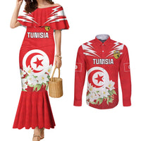 Personalized Tunisia Couples Matching Mermaid Dress and Long Sleeve Button Shirt Jasmine Flower and Emblem