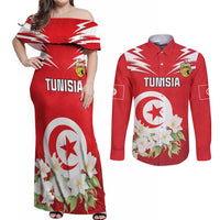 Personalized Tunisia Couples Matching Off Shoulder Maxi Dress and Long Sleeve Button Shirt Jasmine Flower and Emblem - Wonder Print Shop