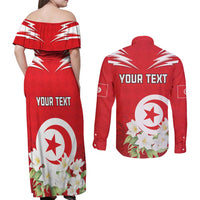 Personalized Tunisia Couples Matching Off Shoulder Maxi Dress and Long Sleeve Button Shirt Jasmine Flower and Emblem - Wonder Print Shop