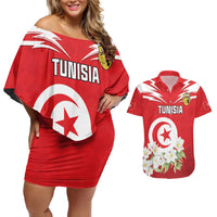 Personalized Tunisia Couples Matching Off Shoulder Short Dress and Hawaiian Shirt Jasmine Flower and Emblem - Wonder Print Shop