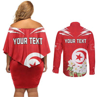 Personalized Tunisia Couples Matching Off Shoulder Short Dress and Long Sleeve Button Shirt Jasmine Flower and Emblem - Wonder Print Shop