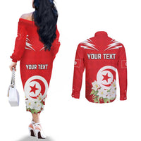 Personalized Tunisia Couples Matching Off The Shoulder Long Sleeve Dress and Long Sleeve Button Shirt Jasmine Flower and Emblem