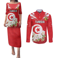 Personalized Tunisia Couples Matching Puletasi and Long Sleeve Button Shirt Jasmine Flower and Emblem - Wonder Print Shop