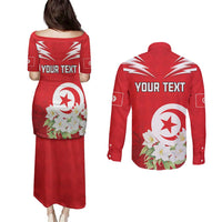 Personalized Tunisia Couples Matching Puletasi and Long Sleeve Button Shirt Jasmine Flower and Emblem - Wonder Print Shop