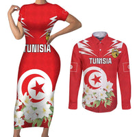 Personalized Tunisia Couples Matching Short Sleeve Bodycon Dress and Long Sleeve Button Shirt Jasmine Flower and Emblem - Wonder Print Shop
