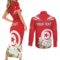 Personalized Tunisia Couples Matching Short Sleeve Bodycon Dress and Long Sleeve Button Shirt Jasmine Flower and Emblem - Wonder Print Shop