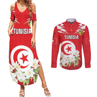 Personalized Tunisia Couples Matching Summer Maxi Dress and Long Sleeve Button Shirt Jasmine Flower and Emblem - Wonder Print Shop