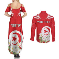 Personalized Tunisia Couples Matching Summer Maxi Dress and Long Sleeve Button Shirt Jasmine Flower and Emblem - Wonder Print Shop