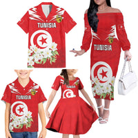 Personalized Tunisia Family Matching Off The Shoulder Long Sleeve Dress and Hawaiian Shirt Jasmine Flower and Emblem - Wonder Print Shop