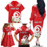 Personalized Tunisia Family Matching Off The Shoulder Long Sleeve Dress and Hawaiian Shirt Jasmine Flower and Emblem - Wonder Print Shop
