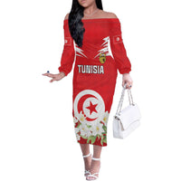 Personalized Tunisia Family Matching Off The Shoulder Long Sleeve Dress and Hawaiian Shirt Jasmine Flower and Emblem - Wonder Print Shop