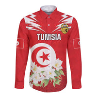 Personalized Tunisia Long Sleeve Button Shirt Jasmine Flower and Emblem - Wonder Print Shop