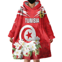 Personalized Tunisia Wearable Blanket Hoodie Jasmine Flower and Emblem - Wonder Print Shop