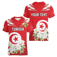 Personalized Tunisia Women V-Neck T-Shirt Jasmine Flower and Emblem - Wonder Print Shop