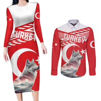 Personalized Gray Wolf Turkey Couples Matching Long Sleeve Bodycon Dress and Long Sleeve Button Shirt Turkish Mountain - Wonder Print Shop