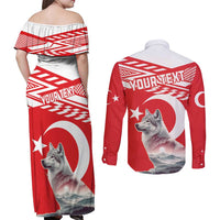Personalized Gray Wolf Turkey Couples Matching Off Shoulder Maxi Dress and Long Sleeve Button Shirt Turkish Mountain - Wonder Print Shop
