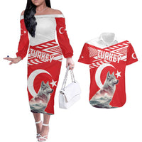 Personalized Gray Wolf Turkey Couples Matching Off The Shoulder Long Sleeve Dress and Hawaiian Shirt Turkish Mountain - Wonder Print Shop