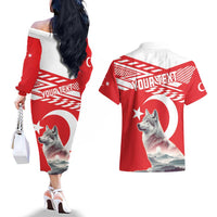 Personalized Gray Wolf Turkey Couples Matching Off The Shoulder Long Sleeve Dress and Hawaiian Shirt Turkish Mountain - Wonder Print Shop