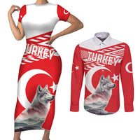 Personalized Gray Wolf Turkey Couples Matching Short Sleeve Bodycon Dress and Long Sleeve Button Shirt Turkish Mountain - Wonder Print Shop