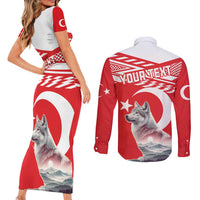 Personalized Gray Wolf Turkey Couples Matching Short Sleeve Bodycon Dress and Long Sleeve Button Shirt Turkish Mountain - Wonder Print Shop