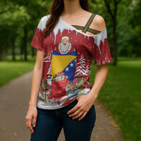 Bosnia and Herzegovina Christmas Cross Shoulder Shirt Santa With National Flag - Wonder Print Shop