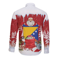 Bosnia and Herzegovina Christmas Long Sleeve Button Shirt Santa With National Flag - Wonder Print Shop
