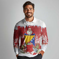 Bosnia and Herzegovina Christmas Long Sleeve Polo Shirt Santa With National Flag - Wonder Print Shop