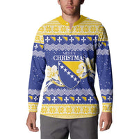 Personalized Bosnia and Herzegovina Christmas Button Sweatshirt Coat Of Arms Srecan Bozic - Wonder Print Shop