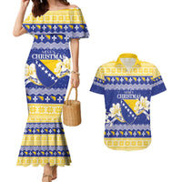Personalized Bosnia and Herzegovina Christmas Couples Matching Mermaid Dress and Hawaiian Shirt Coat Of Arms Srecan Bozic - Wonder Print Shop