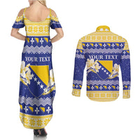 Personalized Bosnia and Herzegovina Christmas Couples Matching Summer Maxi Dress and Long Sleeve Button Shirt Coat Of Arms Srecan Bozic - Wonder Print Shop