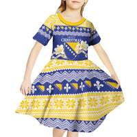 Personalized Bosnia and Herzegovina Christmas Kid Short Sleeve Dress Coat Of Arms Srecan Bozic - Wonder Print Shop