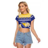 Personalized Bosnia and Herzegovina Christmas Raglan Cropped T Shirt Coat Of Arms Srecan Bozic - Wonder Print Shop