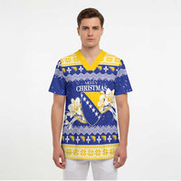 Personalized Bosnia and Herzegovina Christmas Scrub Top Coat Of Arms Srecan Bozic - Wonder Print Shop