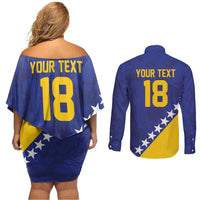 Custom Bosnia and Herzegovina Football Couples Matching Off Shoulder Short Dress and Long Sleeve Button Shirt Go Champion Sporty Style - Wonder Print Shop