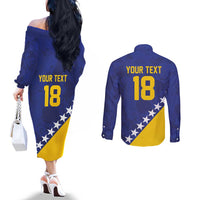 Custom Bosnia and Herzegovina Football Couples Matching Off The Shoulder Long Sleeve Dress and Long Sleeve Button Shirt Go Champion Sporty Style - Wonder Print Shop