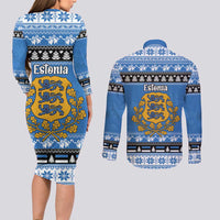 Estonia Christmas Couples Matching Long Sleeve Bodycon Dress and Long Sleeve Button Shirt Coat Of Arms Haid Joule - Wonder Print Shop