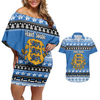 Estonia Christmas Couples Matching Off Shoulder Short Dress and Hawaiian Shirt Coat Of Arms Haid Joule - Wonder Print Shop