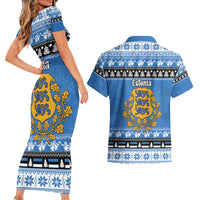 Estonia Christmas Couples Matching Short Sleeve Bodycon Dress and Hawaiian Shirt Coat Of Arms Haid Joule - Wonder Print Shop