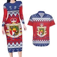 Liechtenstein Christmas Couples Matching Long Sleeve Bodycon Dress and Hawaiian Shirt Coat Of Arms Frohe Weihnachten - Wonder Print Shop