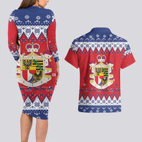 Liechtenstein Christmas Couples Matching Long Sleeve Bodycon Dress and Hawaiian Shirt Coat Of Arms Frohe Weihnachten - Wonder Print Shop