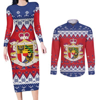 Liechtenstein Christmas Couples Matching Long Sleeve Bodycon Dress and Long Sleeve Button Shirt Coat Of Arms Frohe Weihnachten - Wonder Print Shop