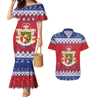 Liechtenstein Christmas Couples Matching Mermaid Dress and Hawaiian Shirt Coat Of Arms Frohe Weihnachten - Wonder Print Shop