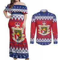 Liechtenstein Christmas Couples Matching Off Shoulder Maxi Dress and Long Sleeve Button Shirt Coat Of Arms Frohe Weihnachten - Wonder Print Shop