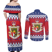 Liechtenstein Christmas Couples Matching Off Shoulder Maxi Dress and Long Sleeve Button Shirt Coat Of Arms Frohe Weihnachten - Wonder Print Shop