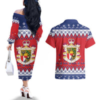 Liechtenstein Christmas Couples Matching Off The Shoulder Long Sleeve Dress and Hawaiian Shirt Coat Of Arms Frohe Weihnachten - Wonder Print Shop