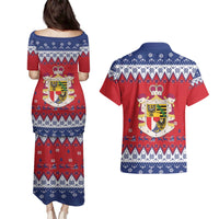 Liechtenstein Christmas Couples Matching Puletasi and Hawaiian Shirt Coat Of Arms Frohe Weihnachten - Wonder Print Shop