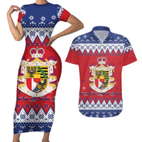 Liechtenstein Christmas Couples Matching Short Sleeve Bodycon Dress and Hawaiian Shirt Coat Of Arms Frohe Weihnachten - Wonder Print Shop